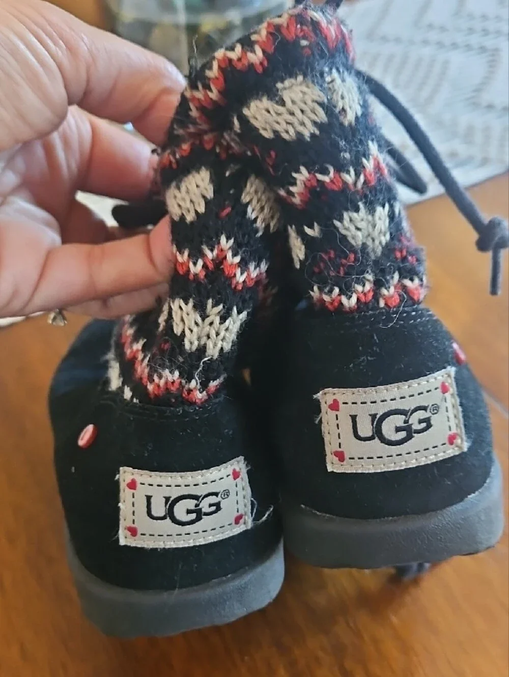 UGG Kids Black Suede Knit-Cuff Boots with Cream and Red Pattern
